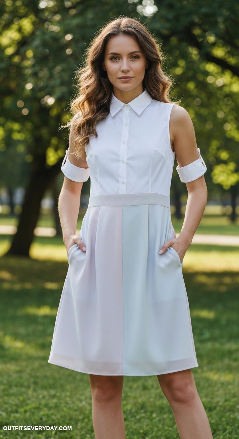 collared shirt outfit Wear a crisp white collared shirt under a sleeveless dress for chic look