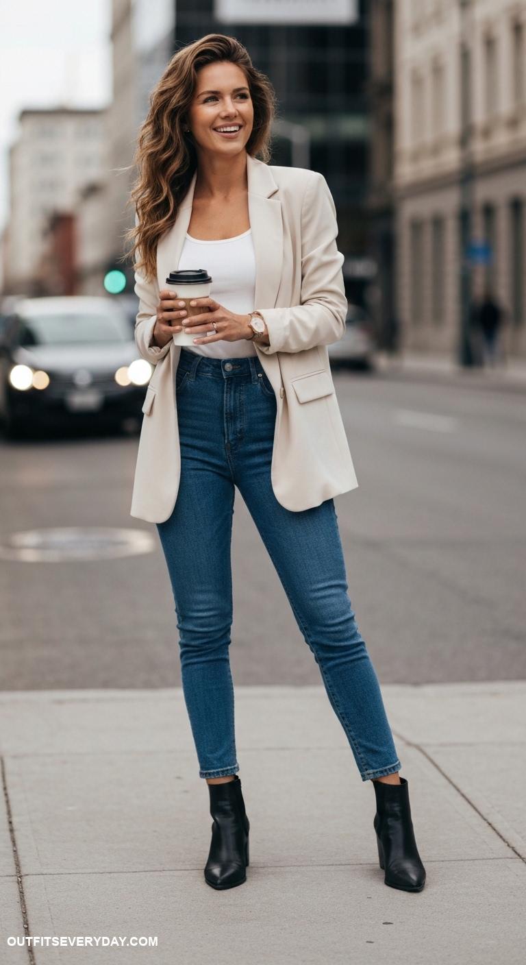cream blazer outfit Combine with high waisted jeans and ankle boots for effortless weekend style