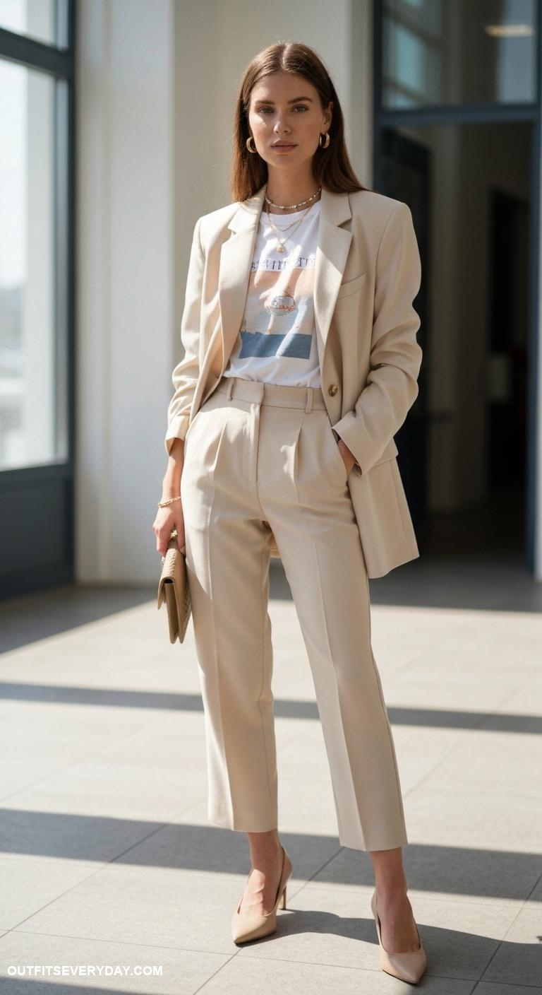 cream blazer outfit Style over a graphic tee and tailored trousers for a chic casual vibe