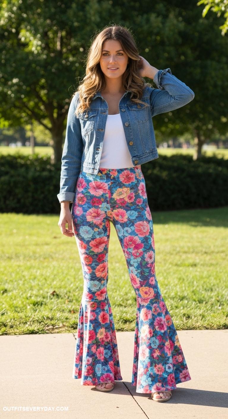 flared leggings outfit Layer floral flared leggings with a denim jacket and white tank