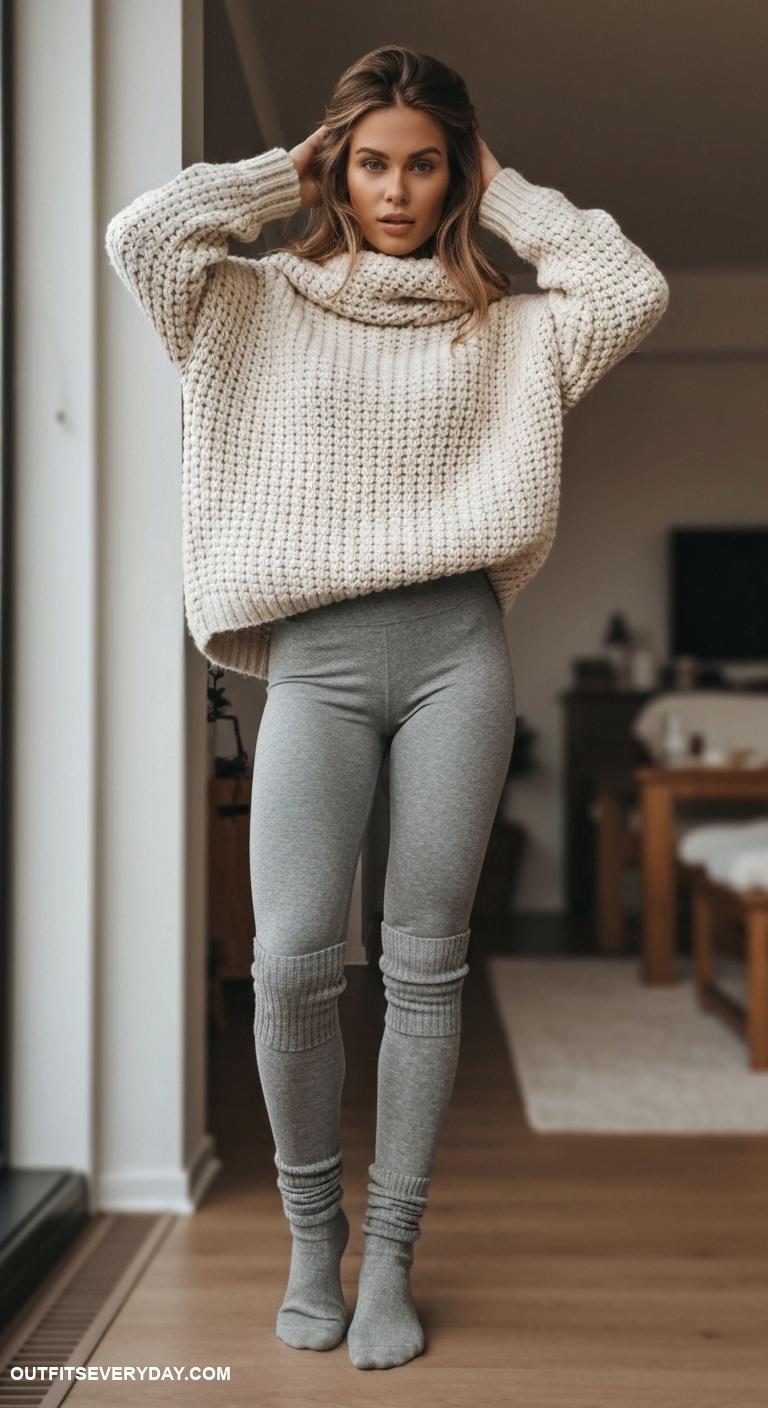 gray leggings outfit Combine gray leggings with a chunky knit sweater and knee high socks