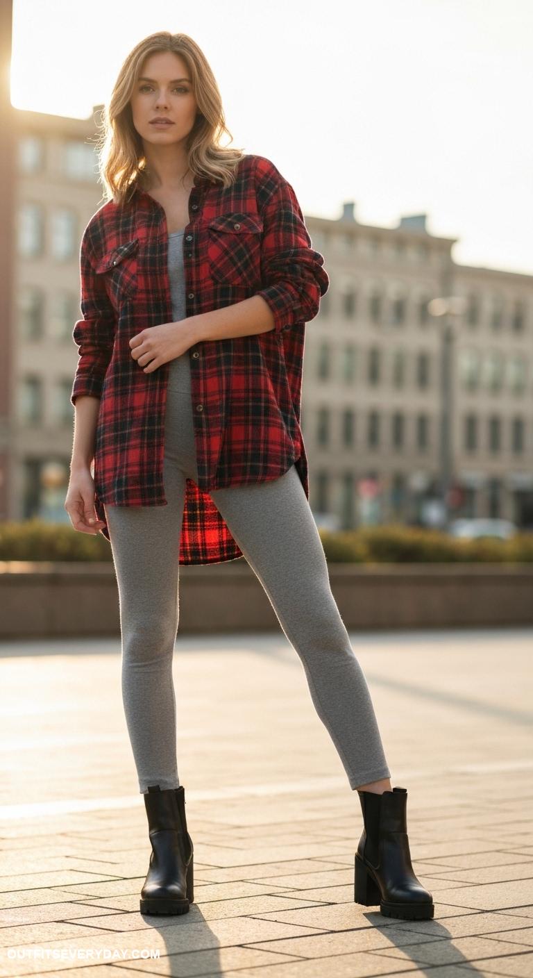 gray leggings outfit Pair gray leggings with an oversized plaid shirt and ankle boots