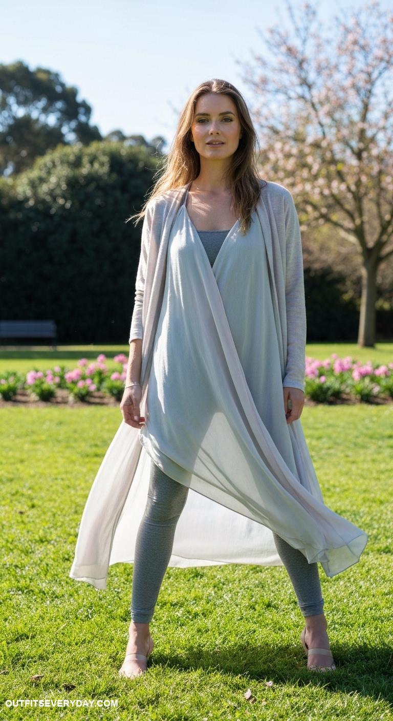 gray leggings outfit Wear gray leggings under a flowy maxi dress for a trendy layered look