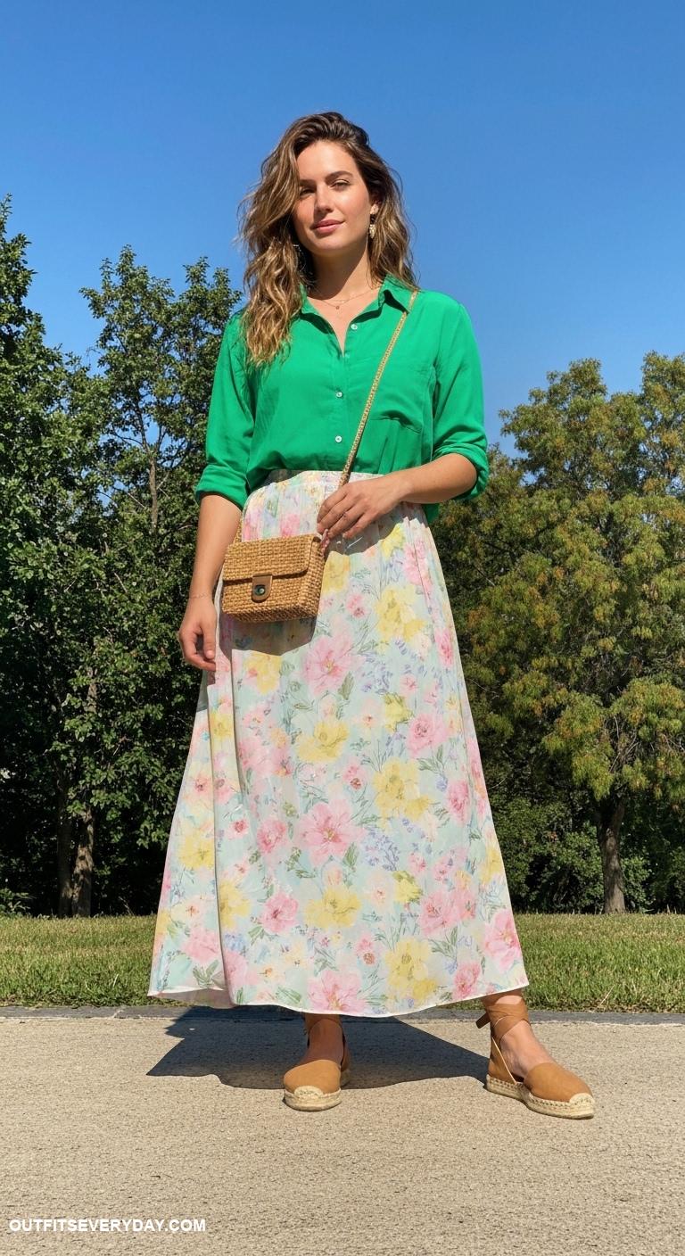 green shirt outfit Combine a green shirt with a floral maxi skirt and espadrilles