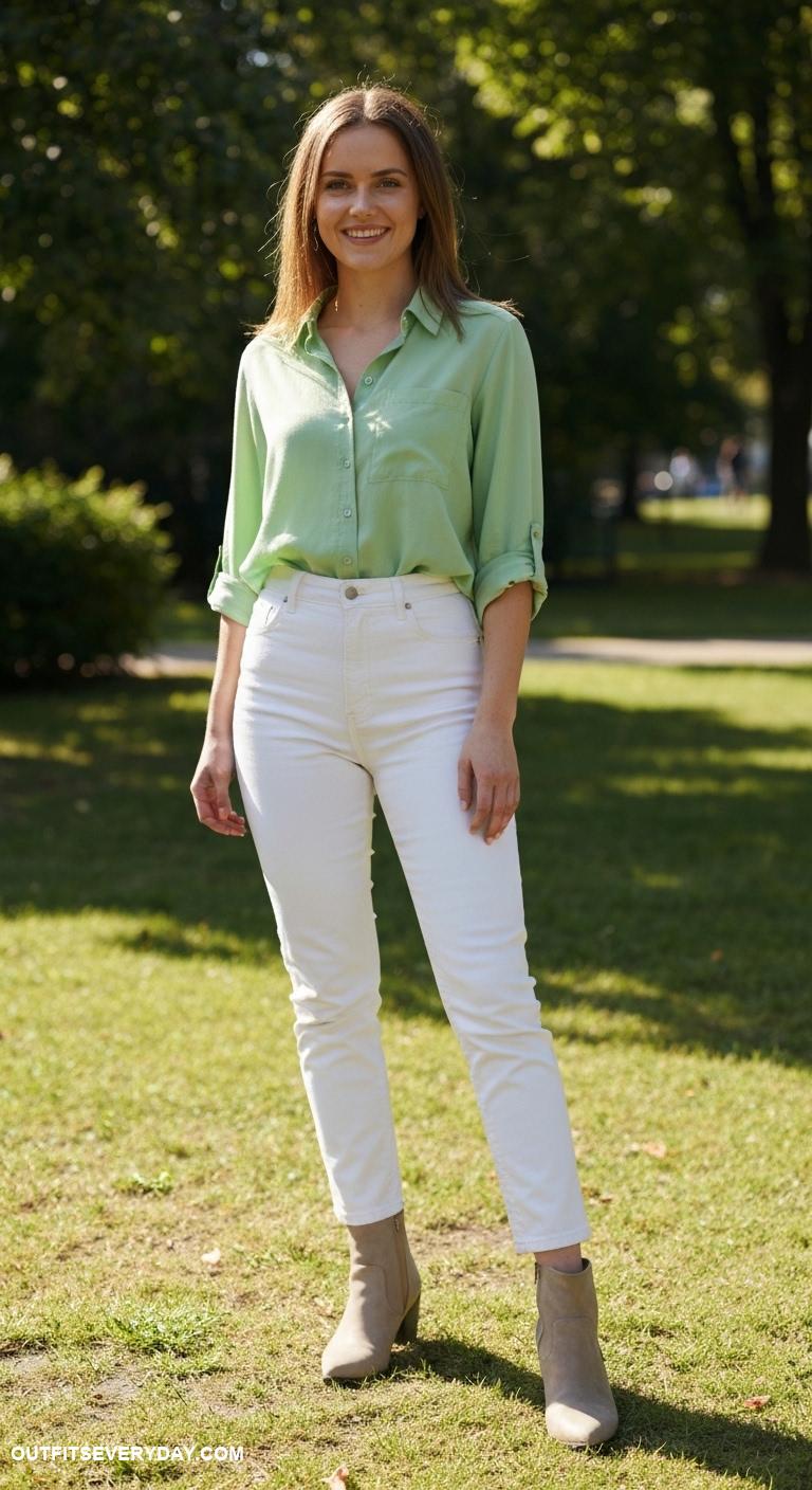 green shirt outfit Pair a green shirt with white high waisted jeans and ankle boots