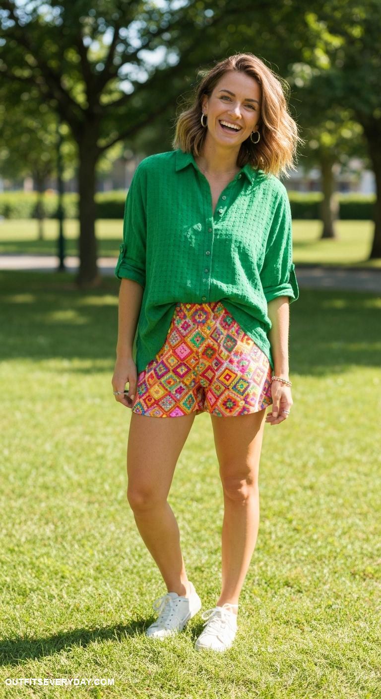 green shirt outfit Surrender to fun by wearing a green shirt with colorful patterned shorts