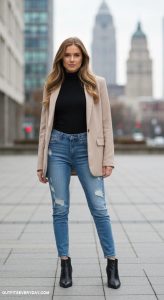 low rise jeans outfit Style with a fitted turtleneck and oversized blazer for chic elegance