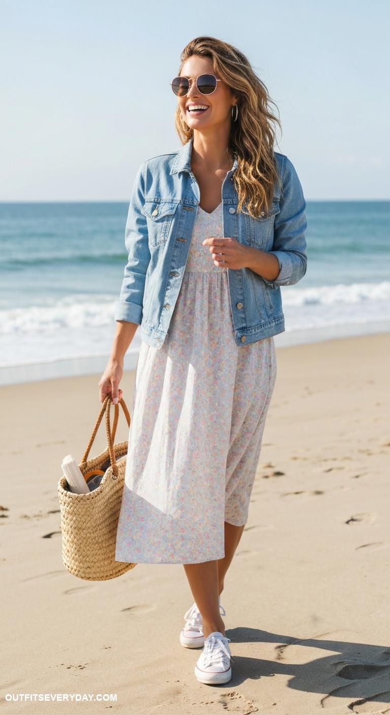 relaxed hamptons mom outfits Cotton midi dress layered with a light denim jacket