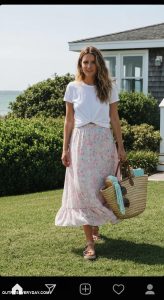 relaxed hamptons mom outfits Flowy maxi skirt with a simple white tee and sandals