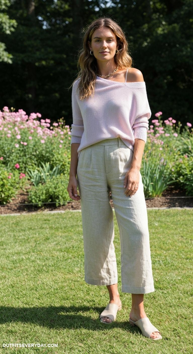 relaxed hamptons mom outfits Lightweight knit sweater with linen trousers and mules