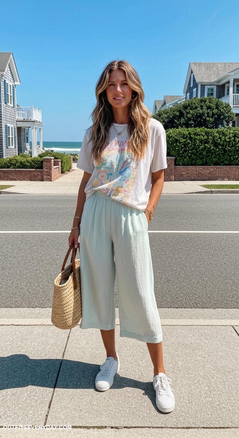 relaxed hamptons mom outfits Wrinkle free culottes combined with a loose graphic tee