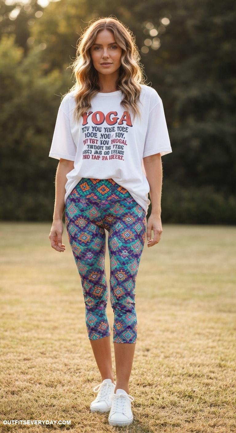 yoga outfits Bold patterned capris with an oversized graphic tee for a stylish look
