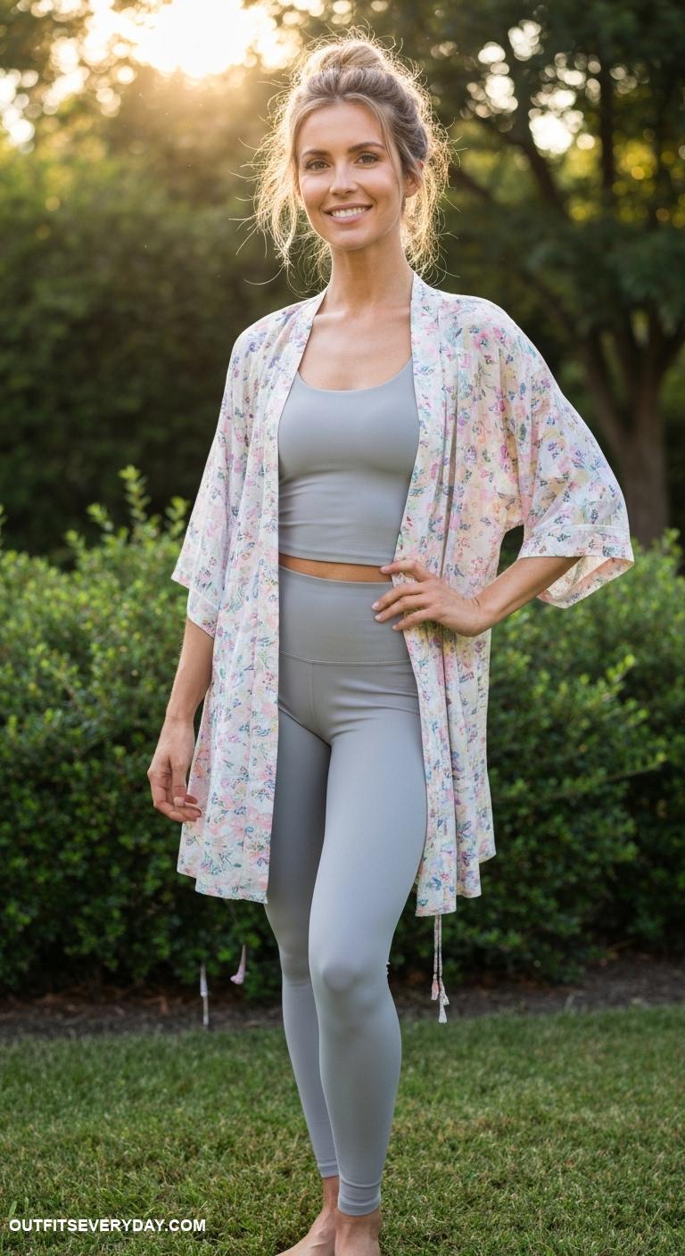 yoga outfits Lightweight kimono jacket worn over a fitted sleeveless top and leggings