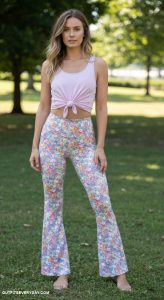 yoga outfits Vintage inspired flared yoga pants with a tied knot tank