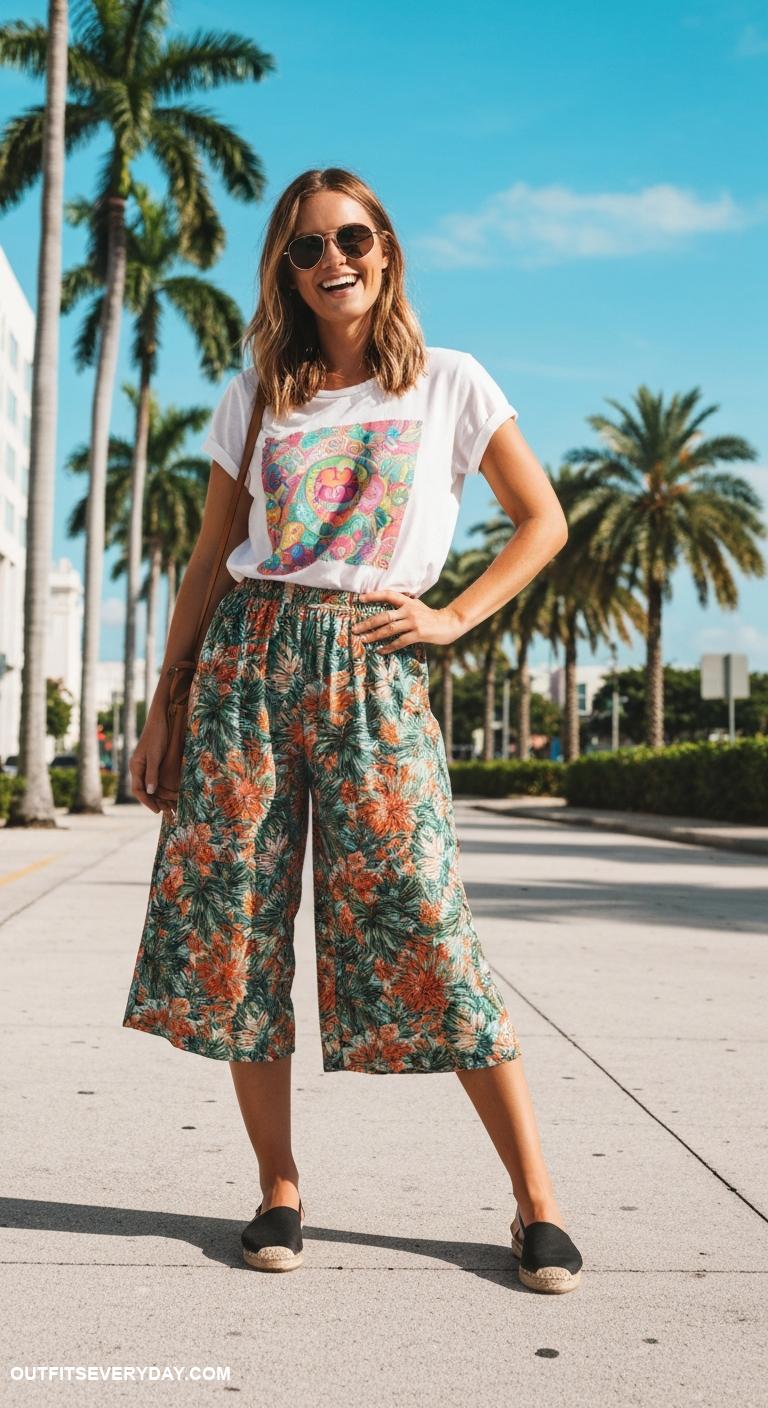 active miami mom outfits Chic culottes with a playful graphic tee and espadrilles for a fun day out