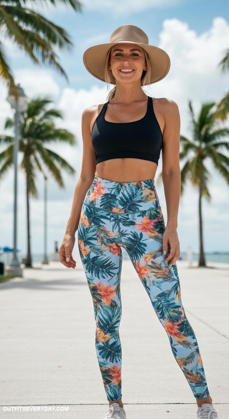 active miami mom outfits Sporty leggings with a stylish crop top and a sun hat for outdoor workouts