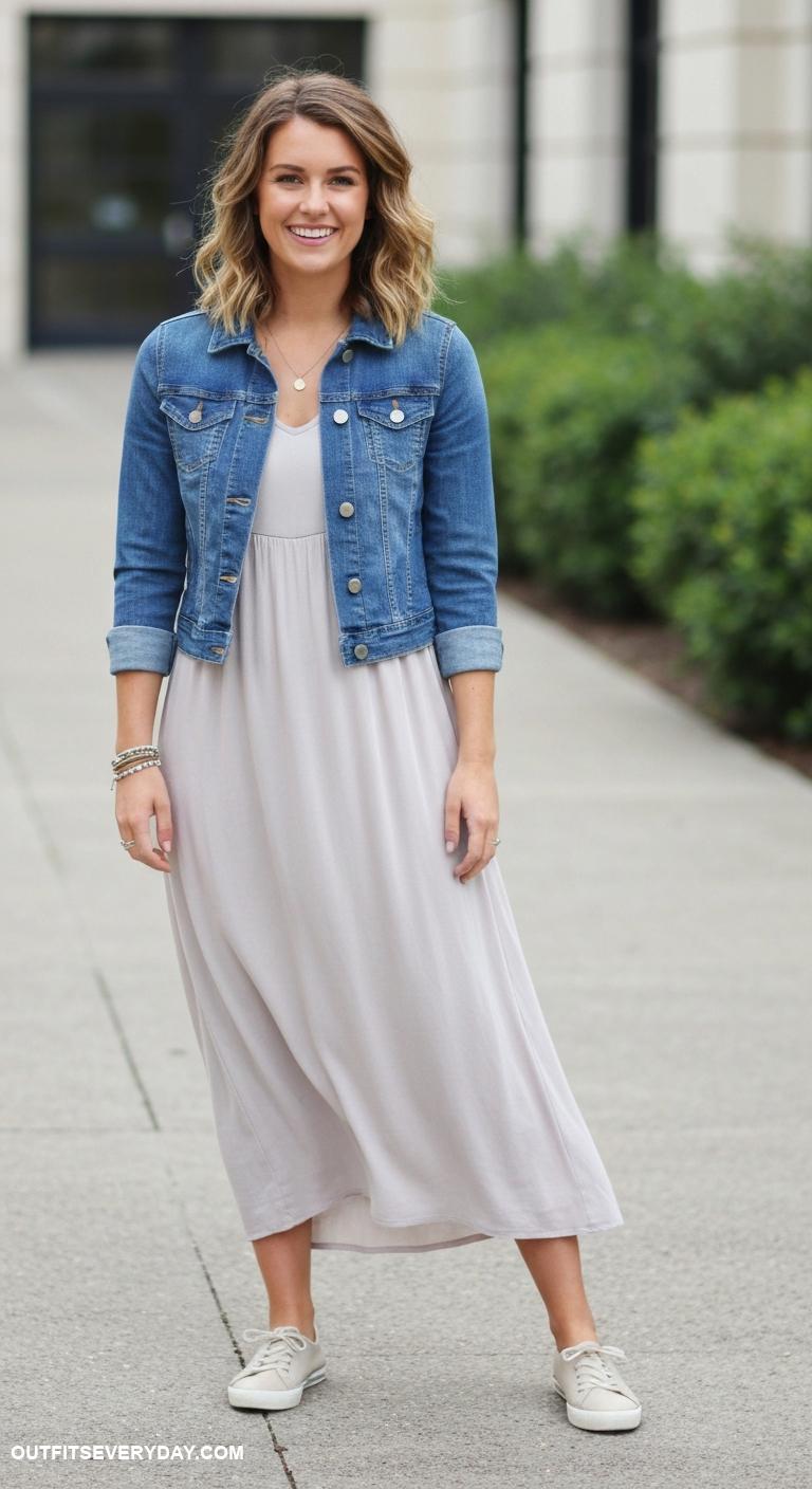 ballet sneakers outfit Ballet sneakers with a denim jacket and a simple maxi dress
