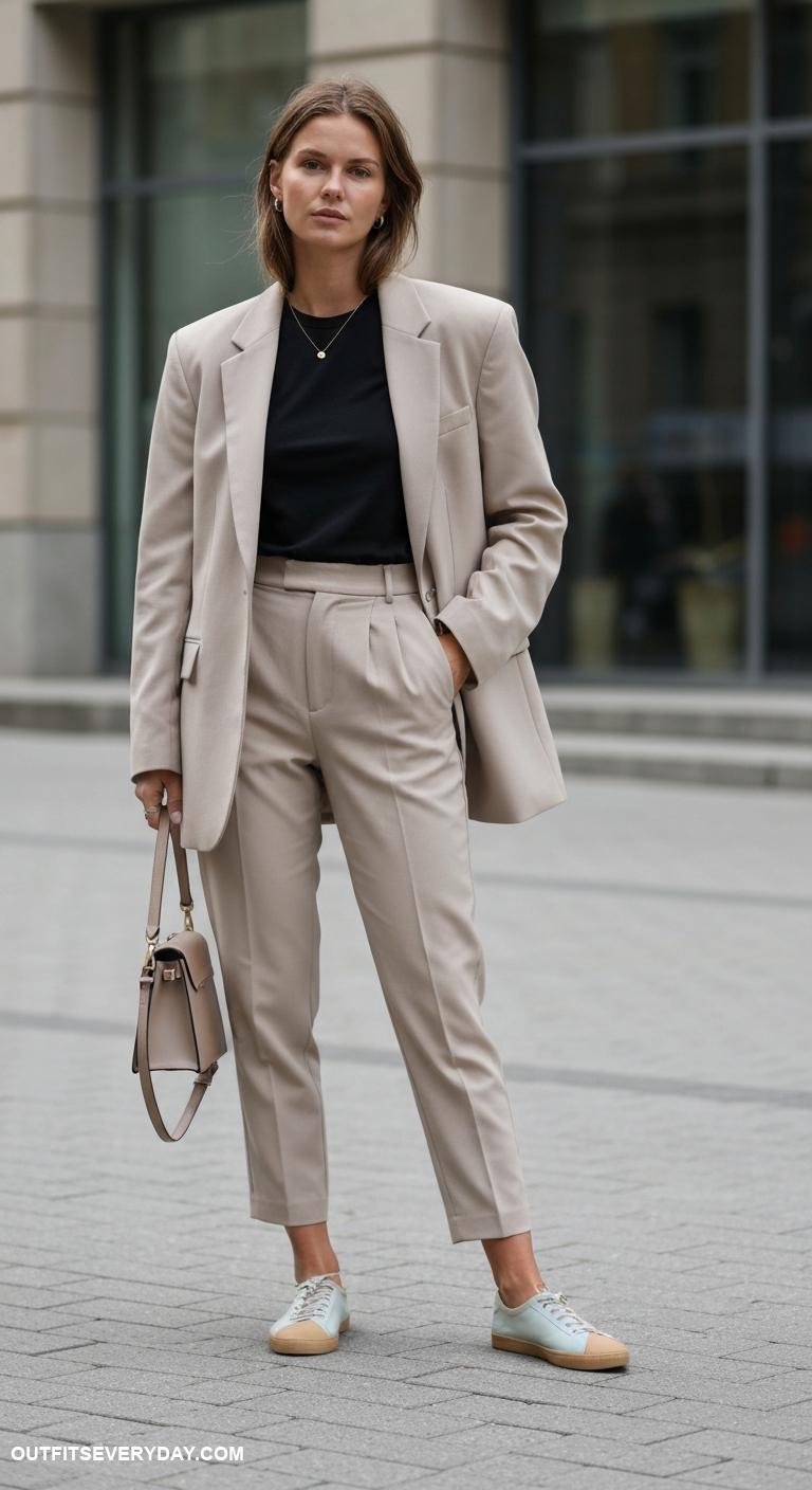 ballet sneakers outfit Layered oversized blazer over a fitted tee and ballet sneakers