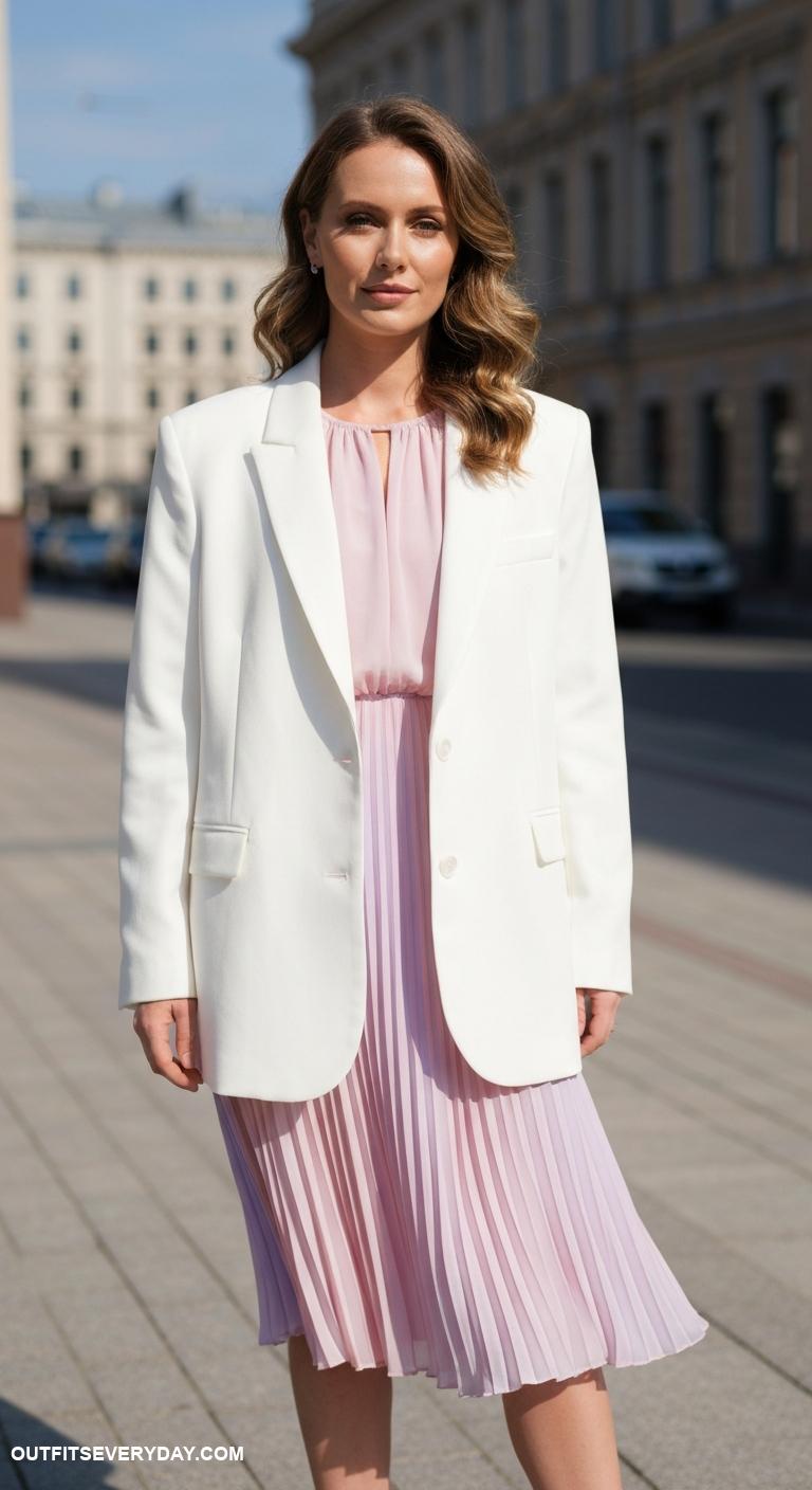 blazer with dress Choose a white oversized blazer paired with a pastel pleated dress for elegance