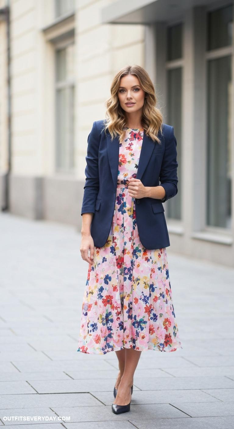 blazer with dress Layer a tailored navy blazer over a floral midi dress for a chic vibe