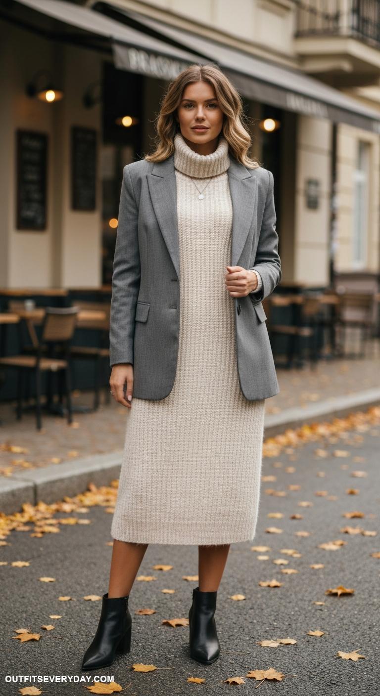 blazer with dress Match a classic grey blazer with a turtleneck knit dress for winter warmth