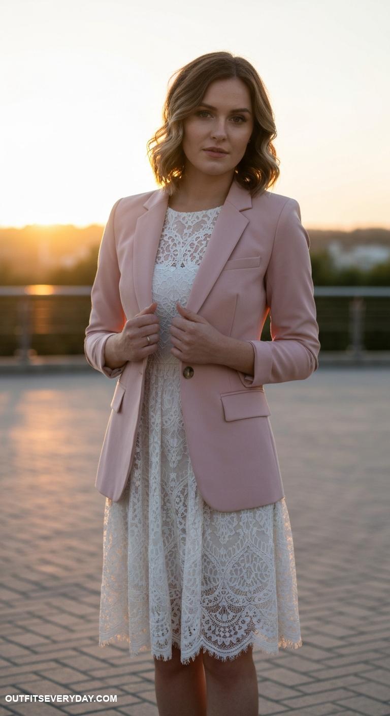 blazer with dress Pair a blush pink blazer with a white lace dress for a soft look