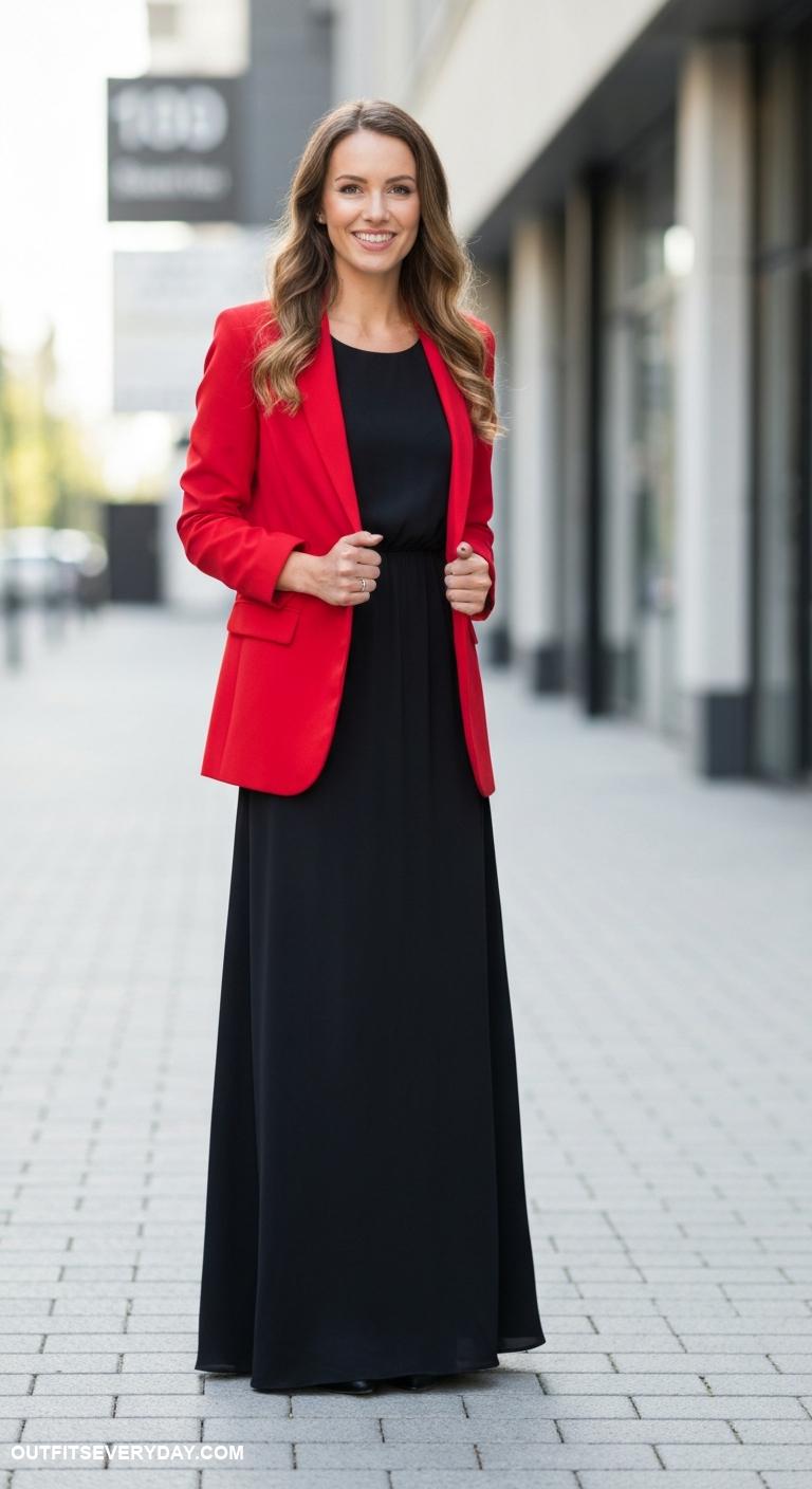 blazer with dress Style a bold red blazer with a simple black maxi dress for sophistication