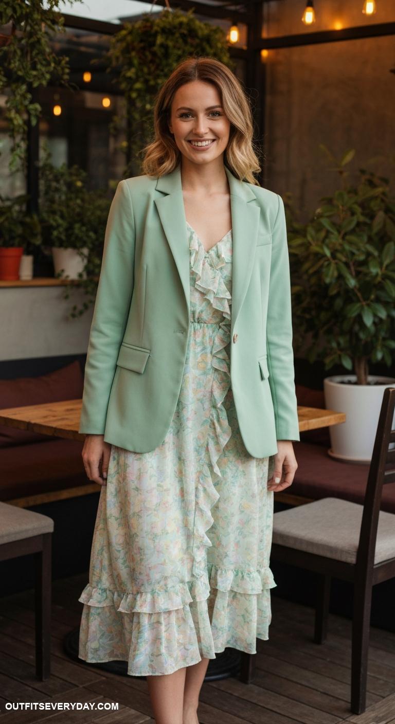 blazer with dress Wear a soft green blazer over a delicate ruffled dress for a flirty feel