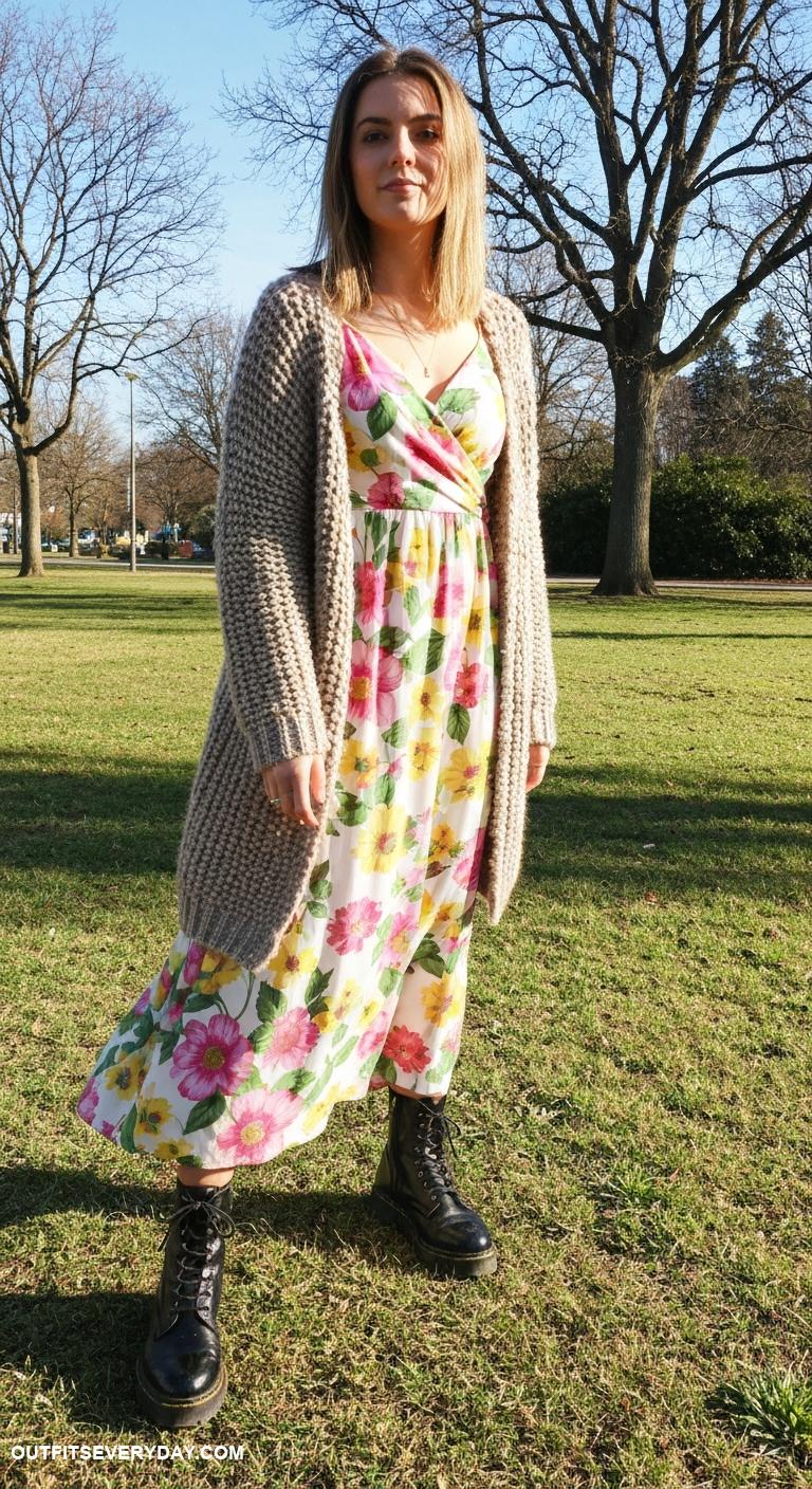boots and dress outfit Combat boots styled with a floral maxi dress and chunky knit cardigan