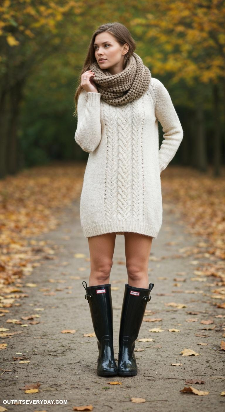 boots and dress outfit Rain boots styled with a knitted dress and wool scarf for cozy style