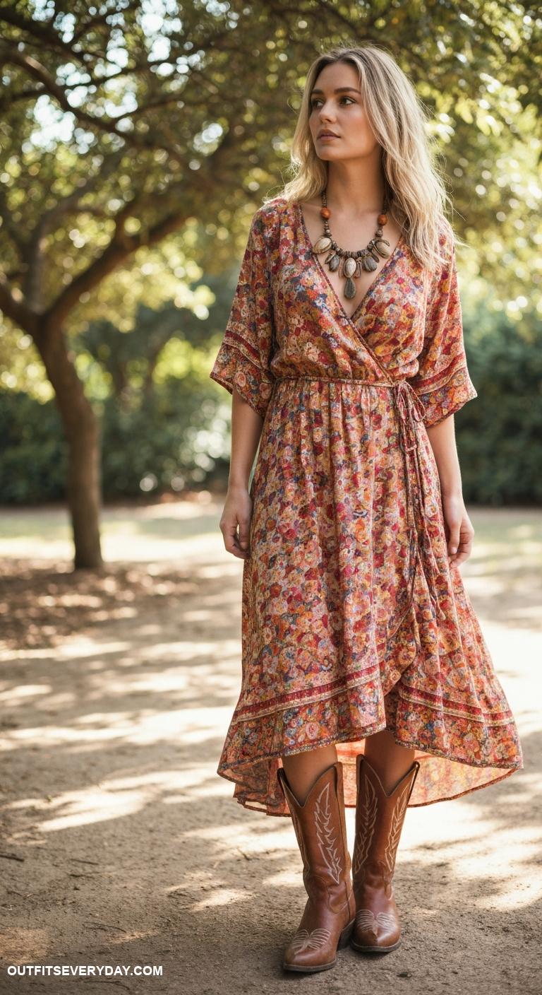 boots and dress outfit Western boots matched with a bohemian wrap dress and statement necklace