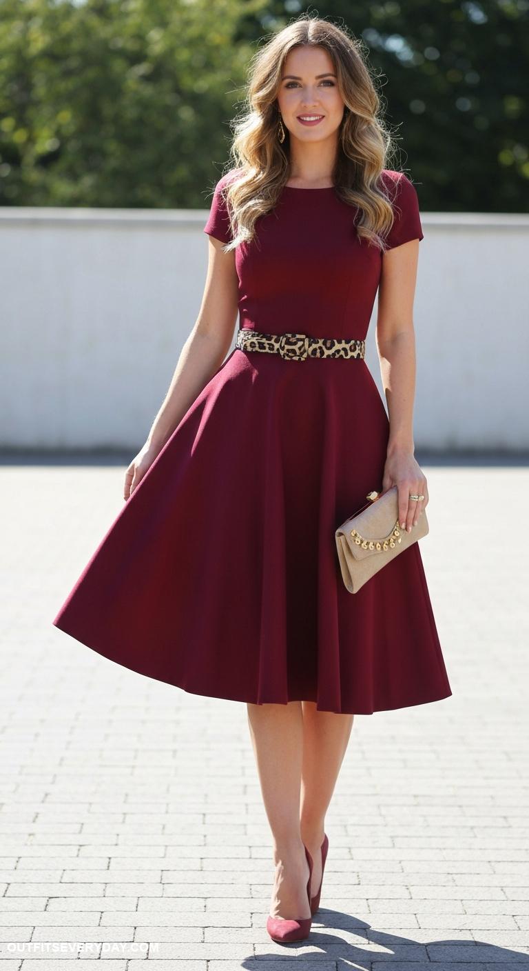 burgundy dress outfit Burgundy A line dress with animal print belt and statement clutch