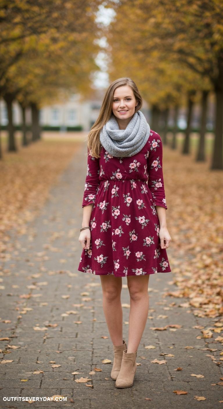 burgundy dress outfit Burgundy floral dress with cozy grey scarf and tan ankle boots