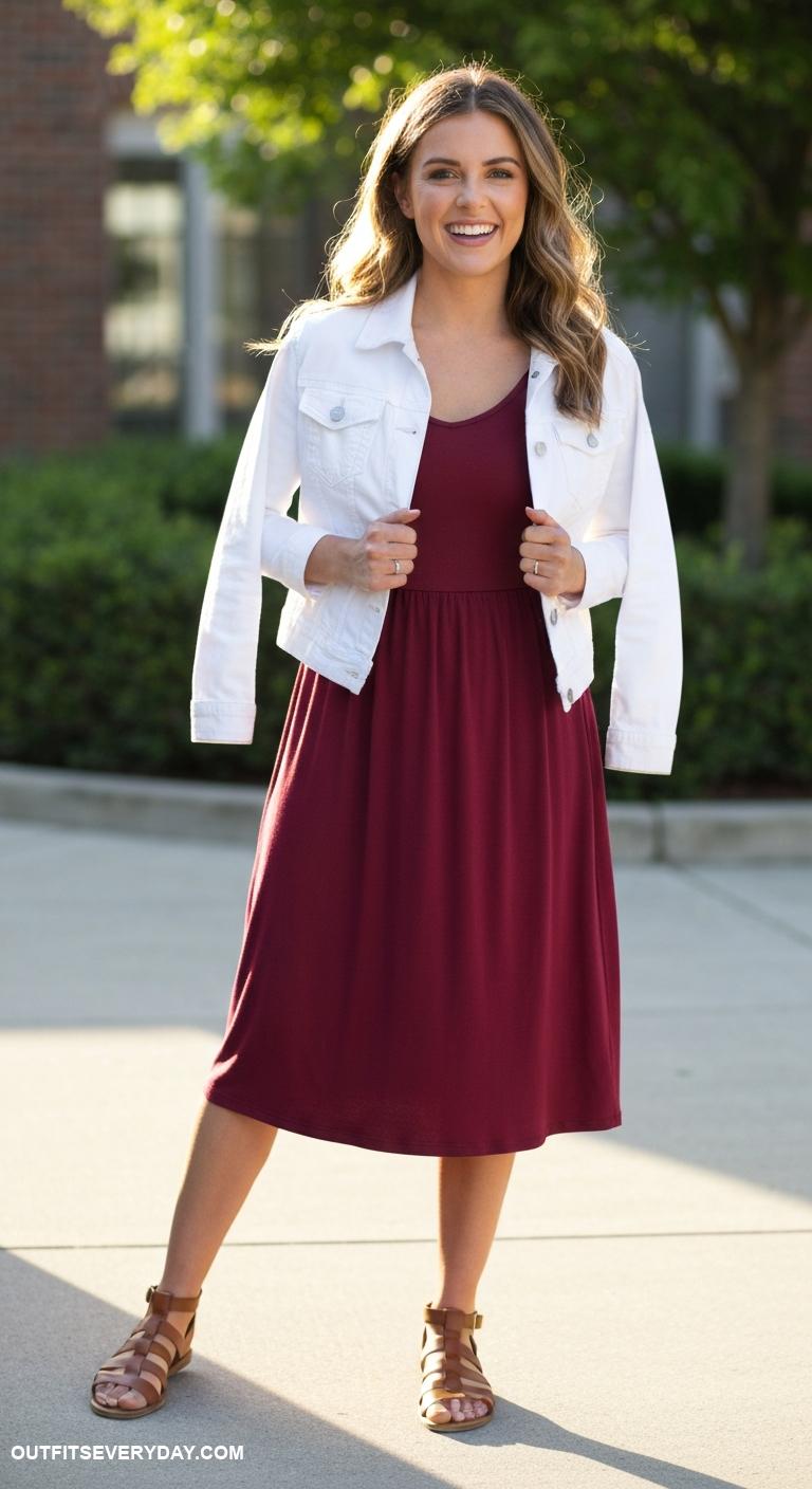 burgundy dress outfit Burgundy midi dress with white denim jacket and brown gladiator sandals
