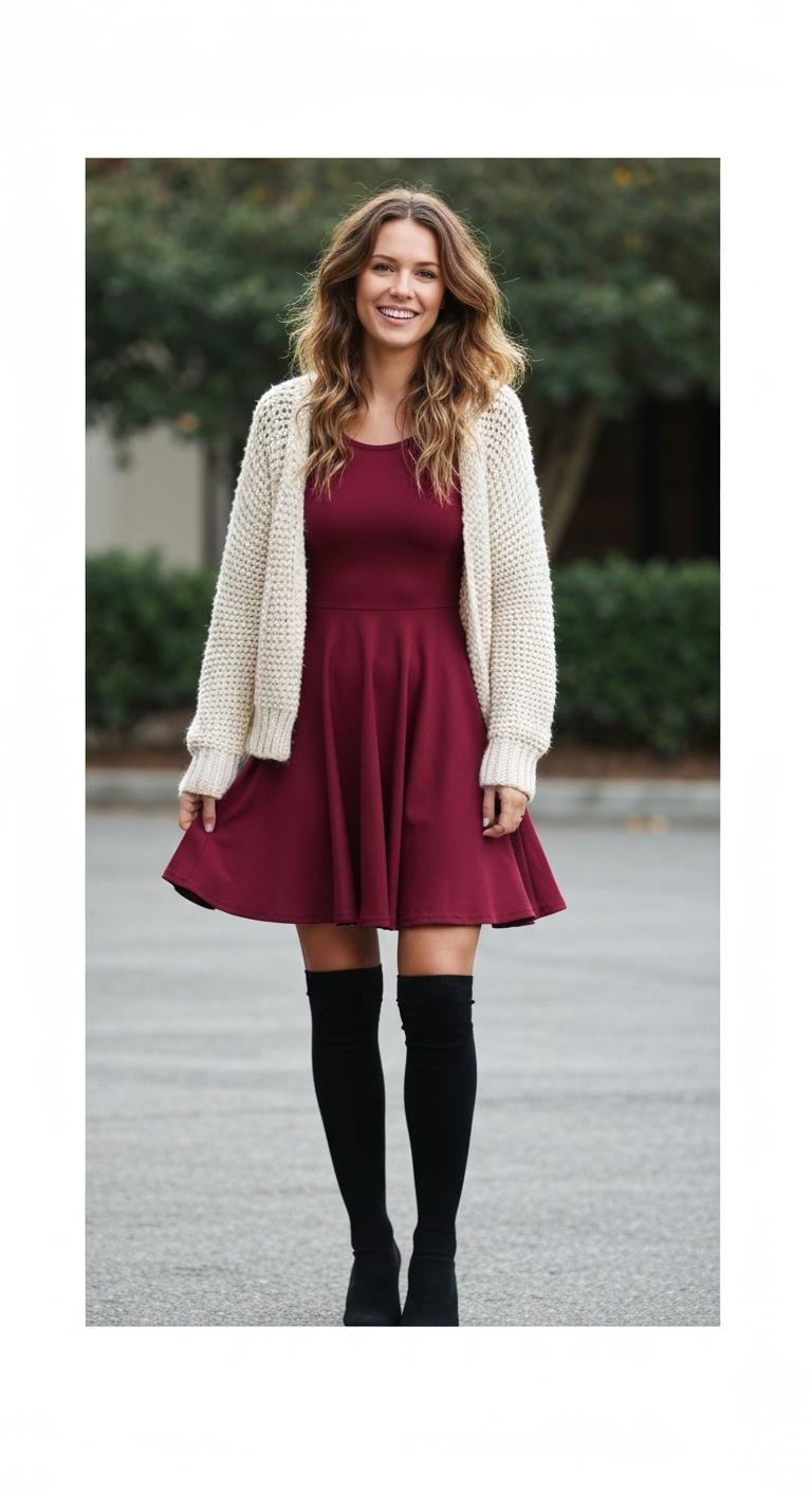 burgundy dress outfit Burgundy skater dress with chunky knit cardigan and thigh high black socks