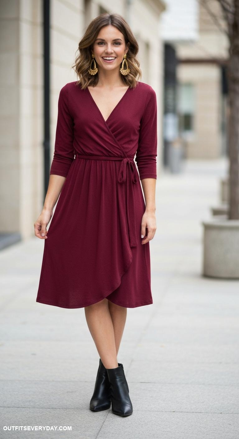 burgundy dress outfit Burgundy wrap dress with gold statement earrings and black ankle boots