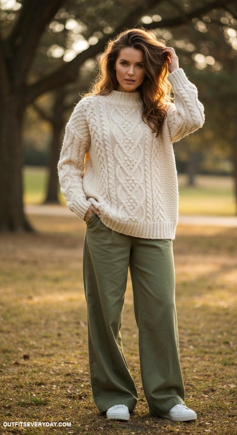 cable knit sweater Chunky cable knit sweater with wide leg trousers
