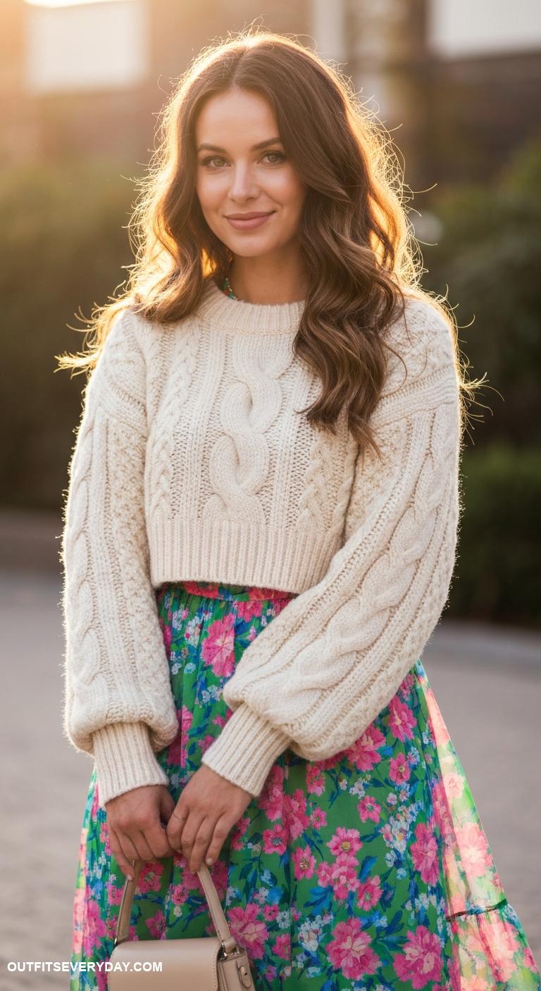 cable knit sweater Crop cable knit sweater layered over a floral dress