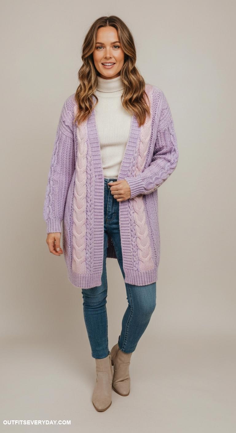 cable knit sweater Pastel colored cable knit cardigan over a fitted turtleneck