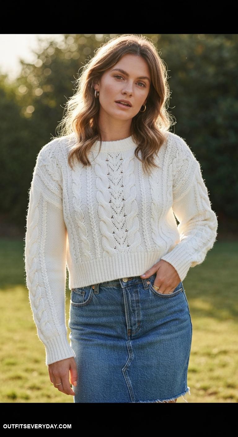 cable knit sweater Timeless white cable knit sweater with denim skirts