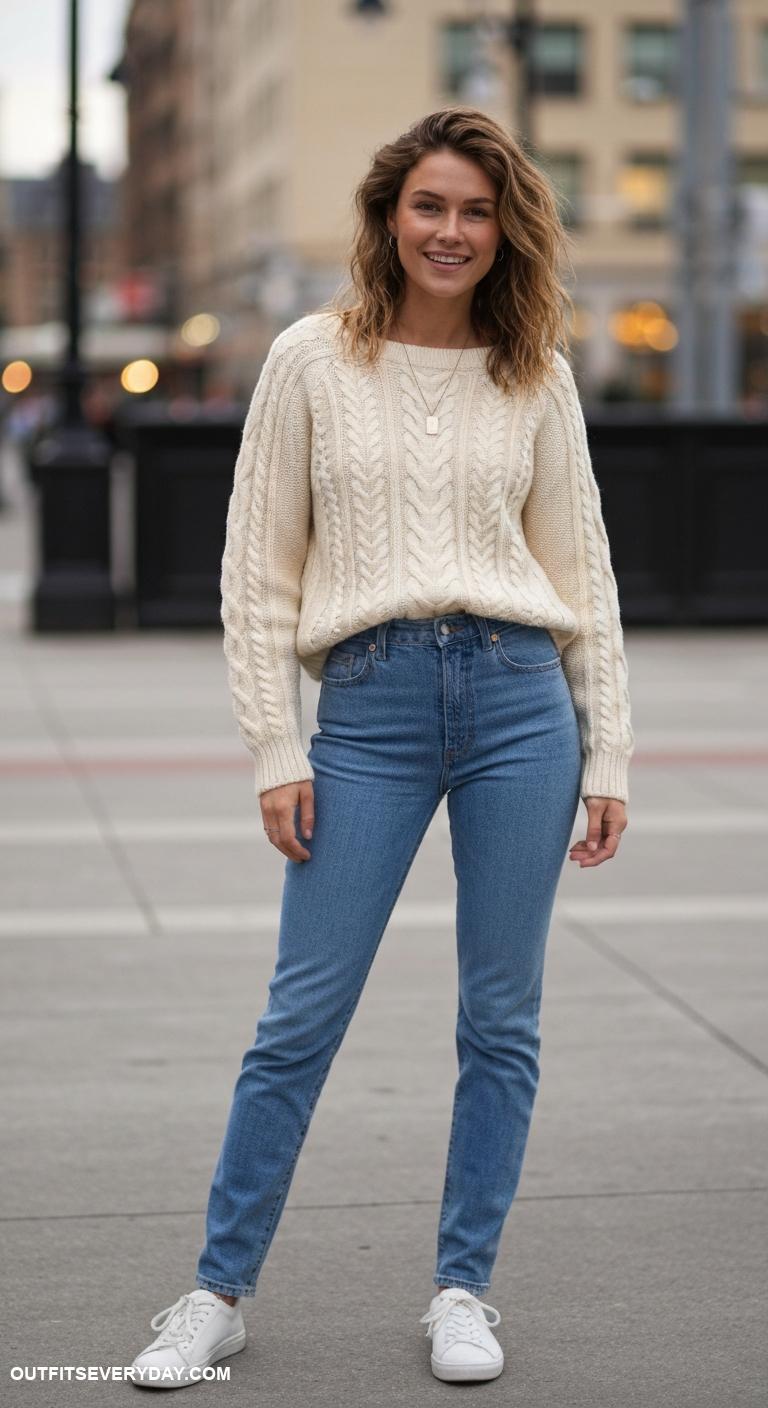 cable knit sweater Vintage inspired cable knit pullover with high waisted jeans