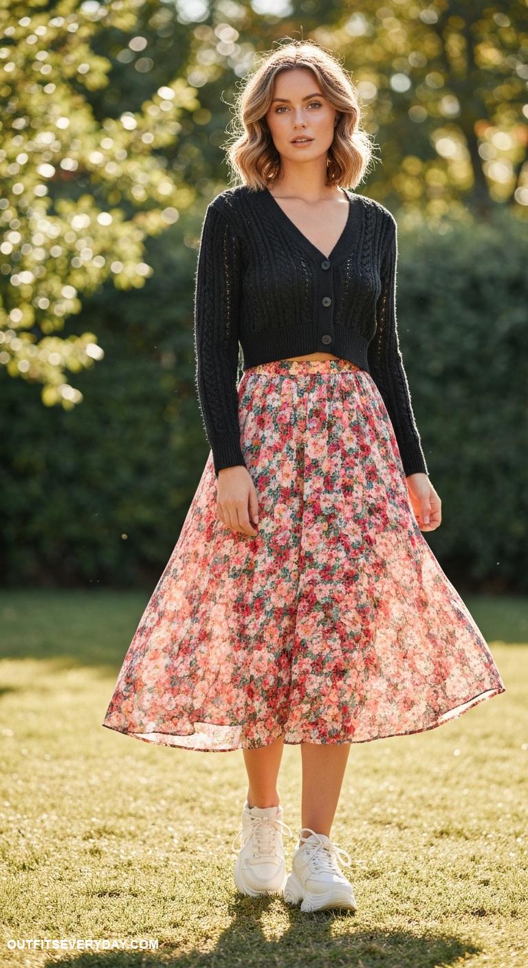cardigan outfit black women Combine a cropped cardigan with a flowy midi skirt and chunky sneakers