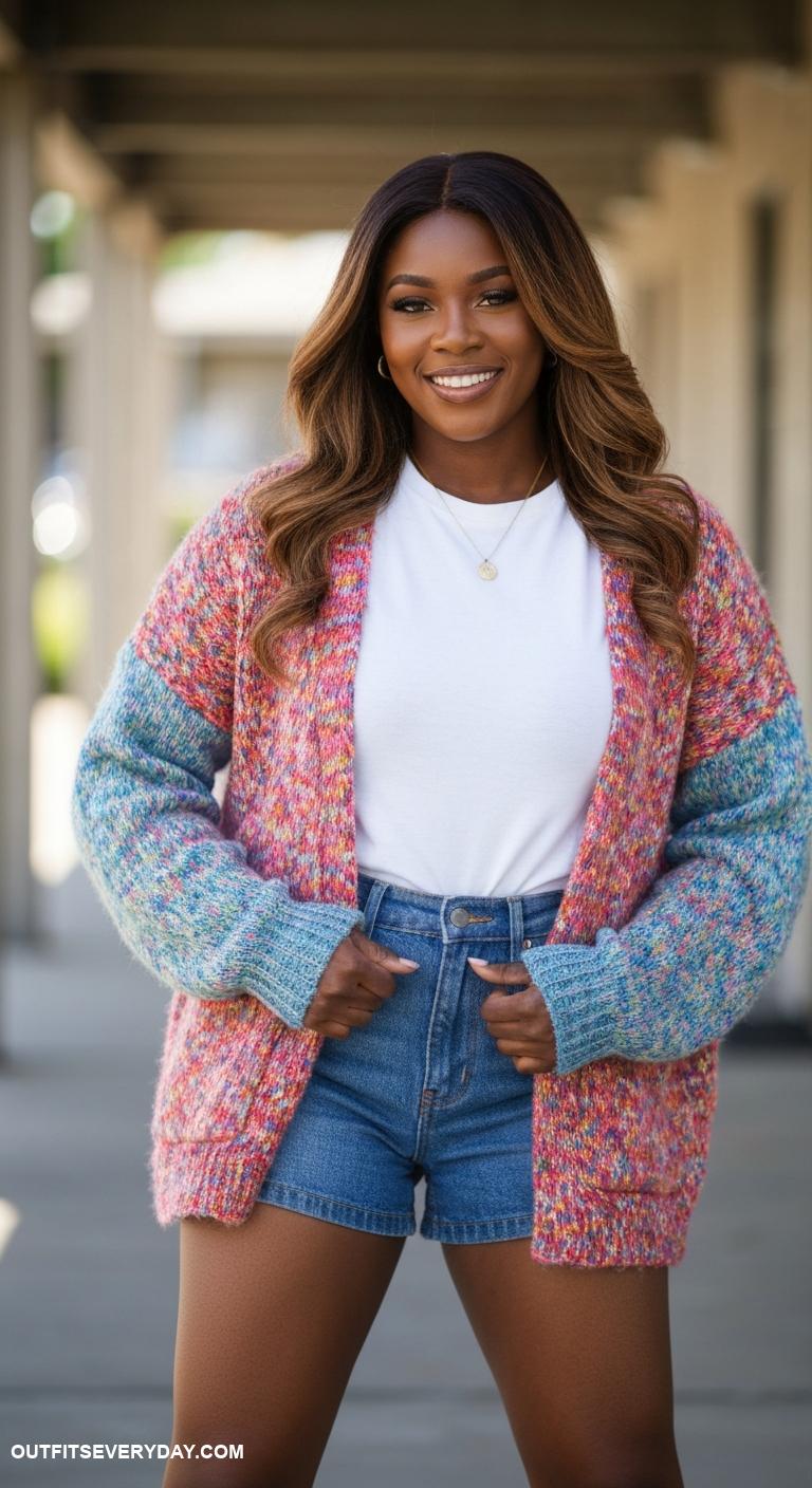 cardigan outfit black women Layer a colorful cardigan over a simple white tee and denim shorts
