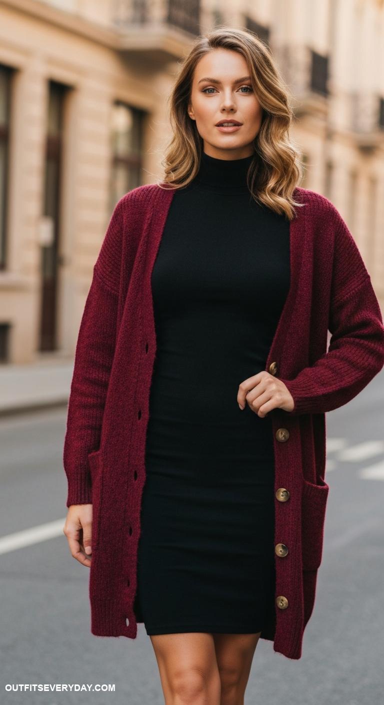 cardigan outfit black women Layer a long cardigan over a fitted turtleneck dress