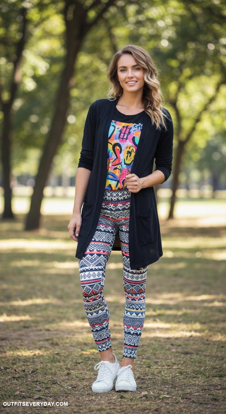 cardigan outfit black women Match a lightweight cardigan with a graphic tee and patterned leggings