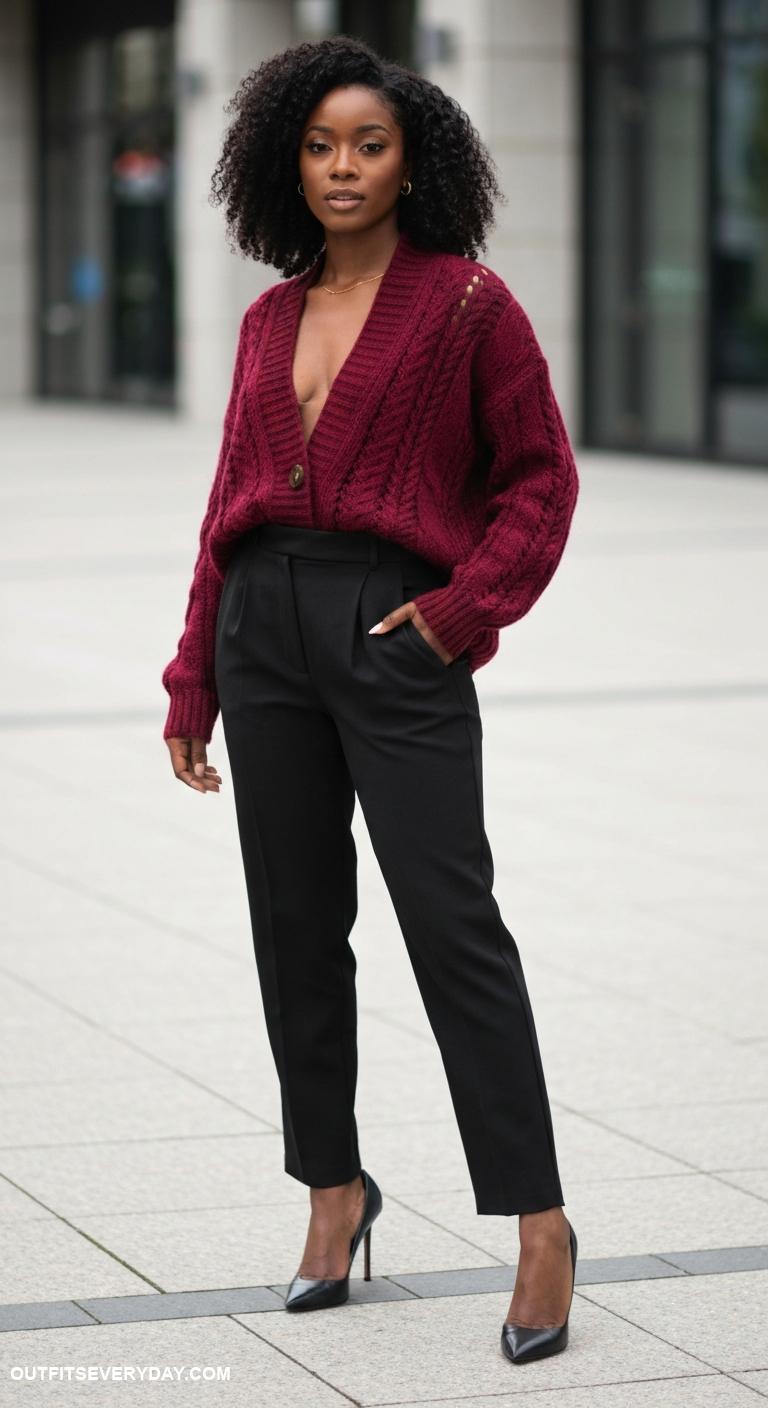 cardigan outfit black women Opt for a luxe knit cardigan paired with tailored trousers and heels