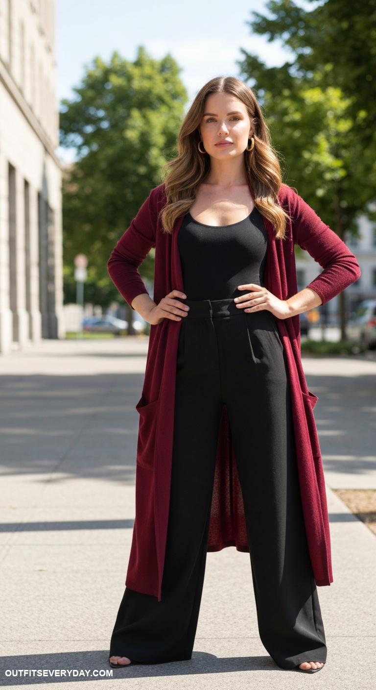 cardigan outfit black women Throw on a longline cardigan over a sleek bodysuit and wide leg pants