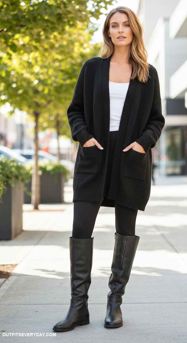 cardigan outfit black women Wear an oversized cardigan with leggings and knee high flat boots