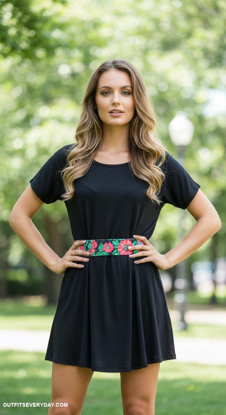casual black dress outfit Combine a black dress with a printed belt to accentuate the waist