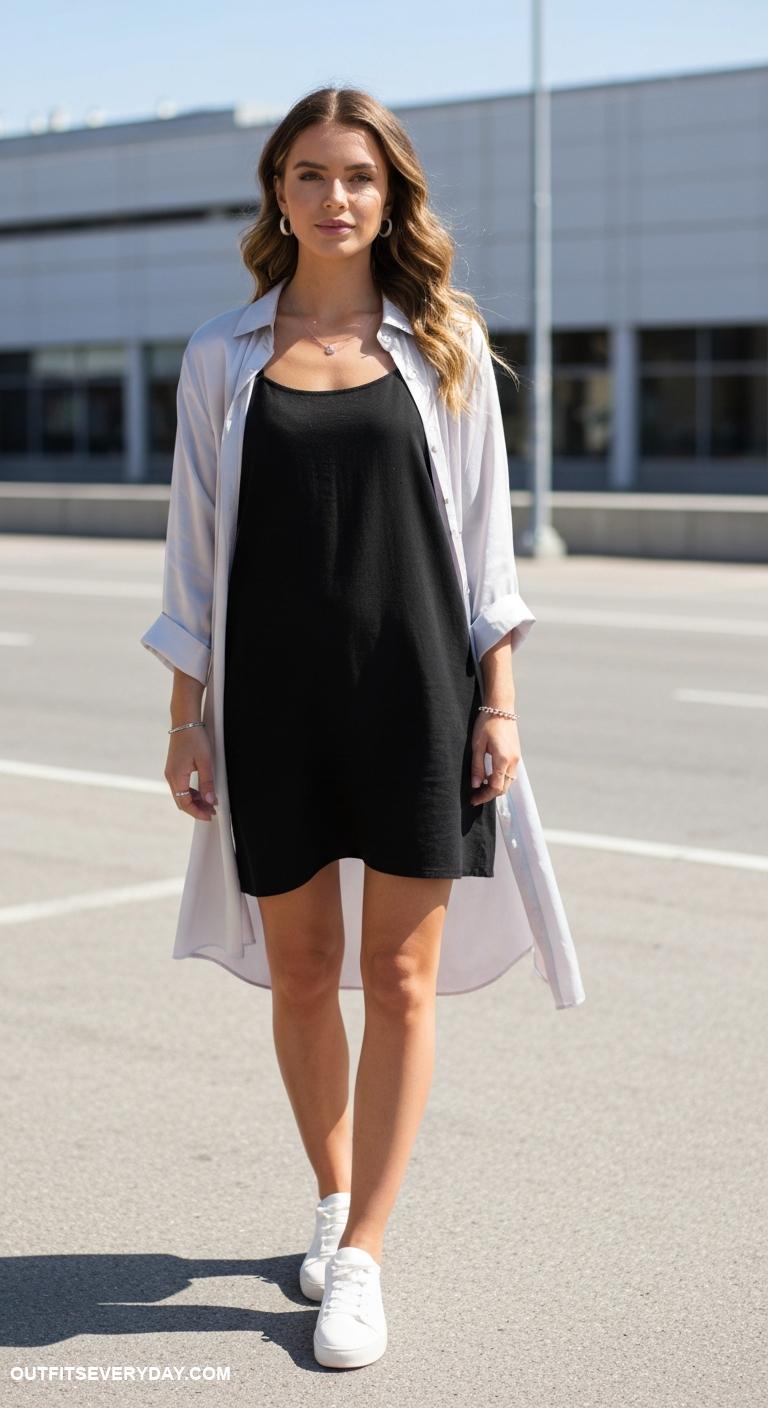 casual black dress outfit Layer a long silk shirt under a short black dress for dimension